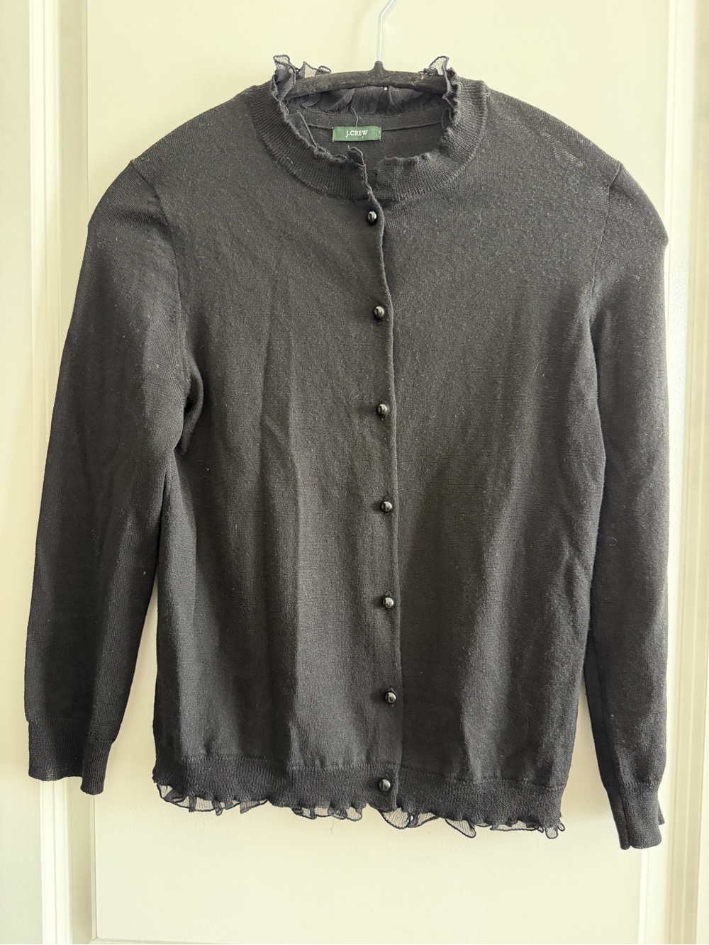 J. Crew Black Ruffle-Edge Button-Front Cardigan